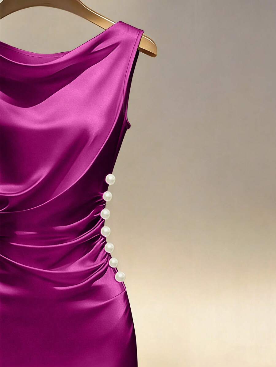 Women's Satin Cowl Neck Midi Dress, Ruched Silky Dress for Wedding Guest and Evening - Champagne