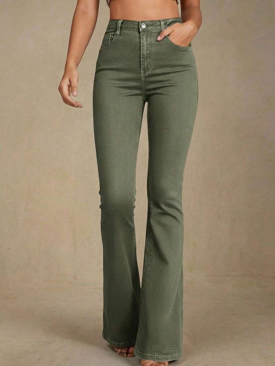 Annapolis High Waist Flare Leg Jeans with Pockets - Army Green