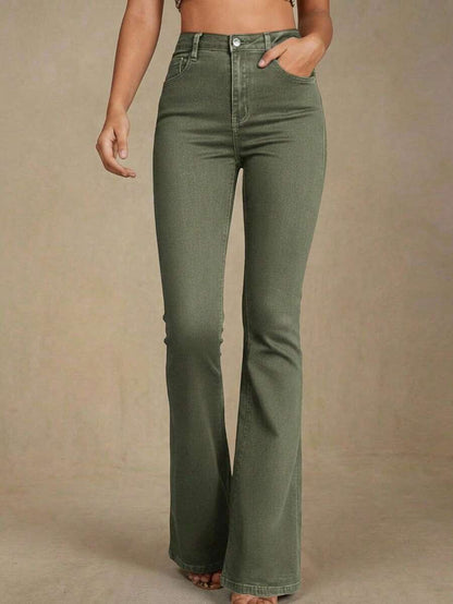 Annapolis High Waist Flare Leg Jeans with Pockets - Army Green
