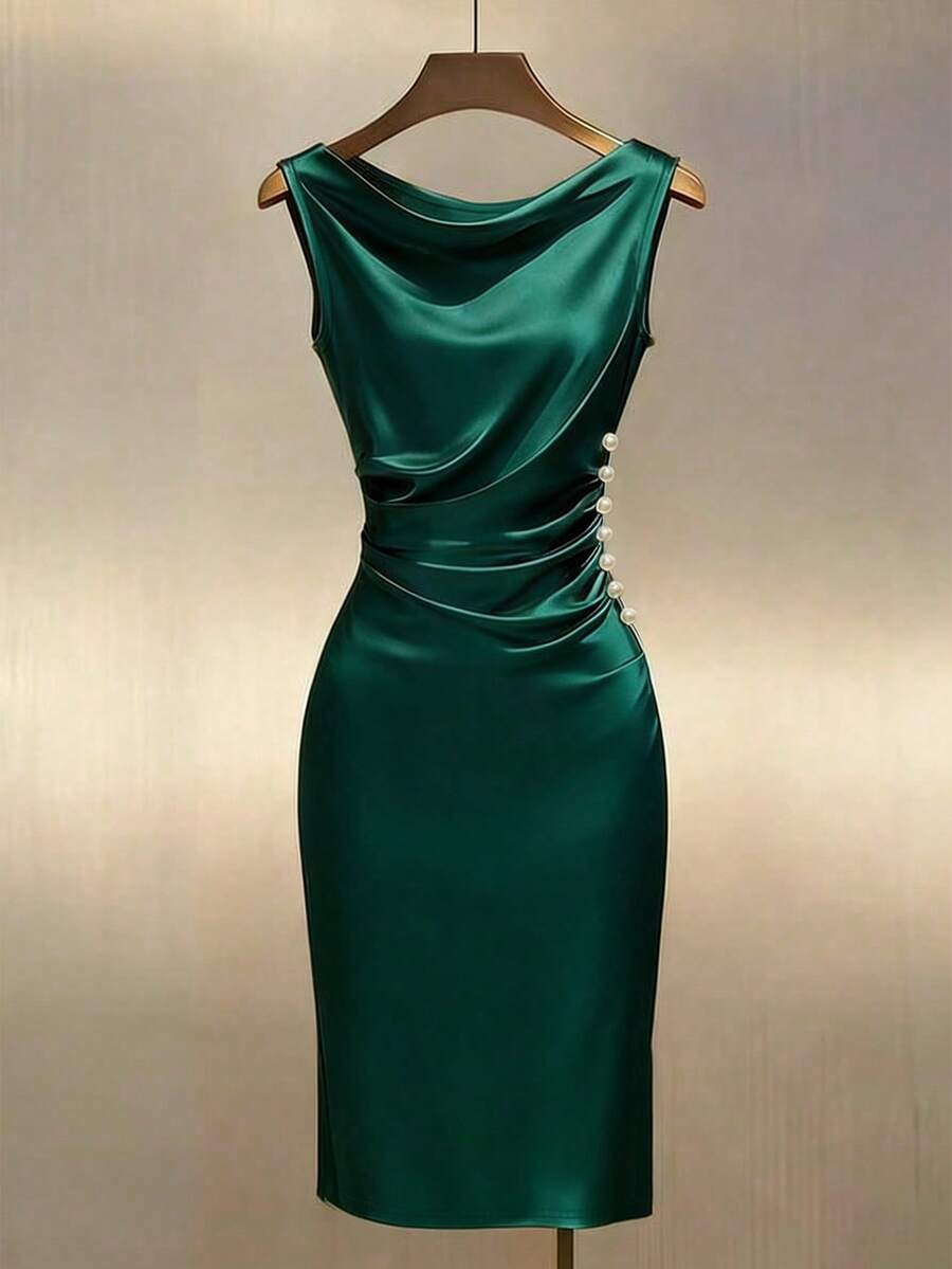 Women's Satin Cowl Neck Midi Dress, Ruched Silky Dress for Wedding Guest and Evening - Champagne