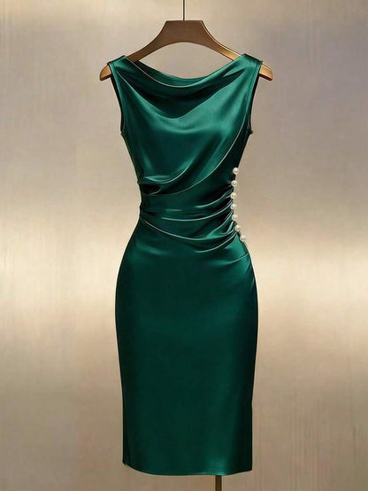 Women's Satin Cowl Neck Midi Dress, Ruched Silky Dress for Wedding Guest and Evening - Champagne