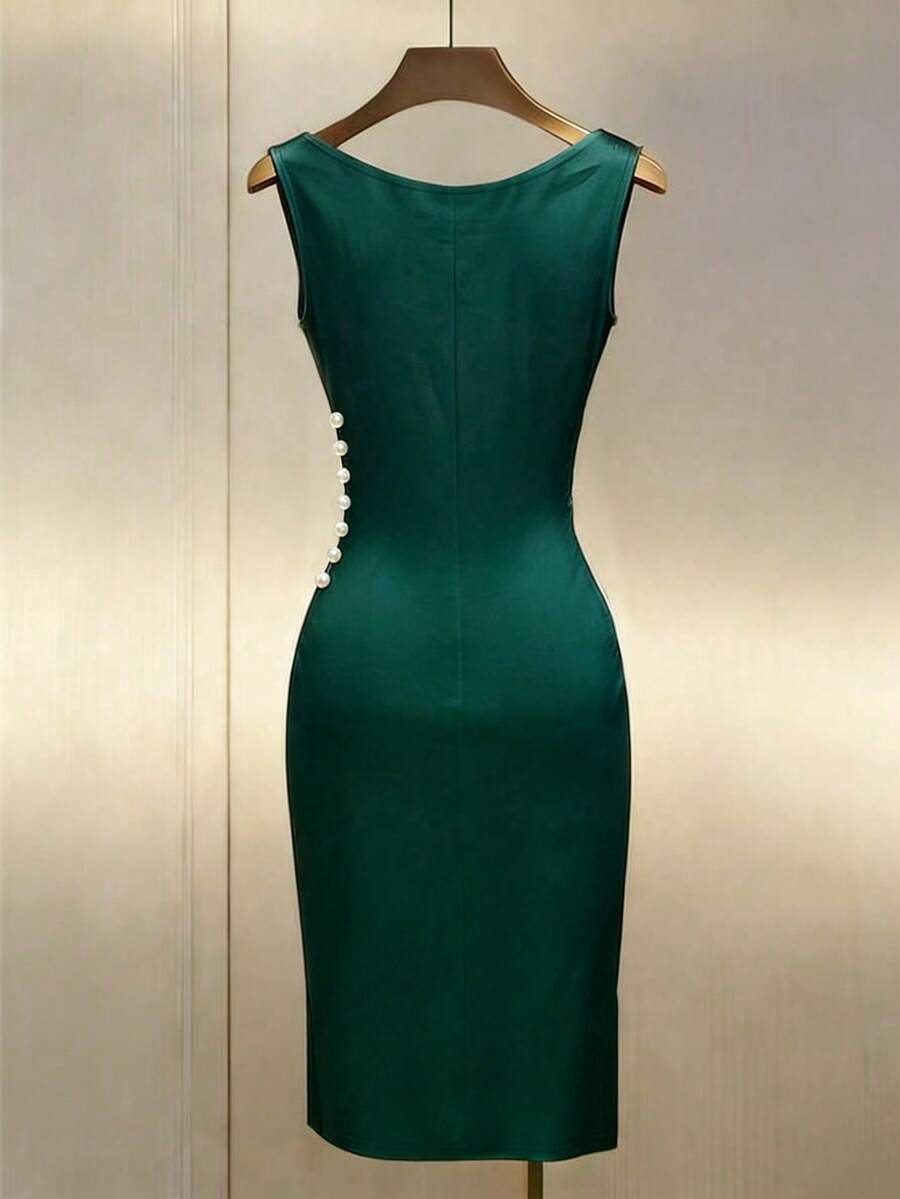 Women's Satin Cowl Neck Midi Dress, Ruched Silky Dress for Wedding Guest and Evening - Champagne