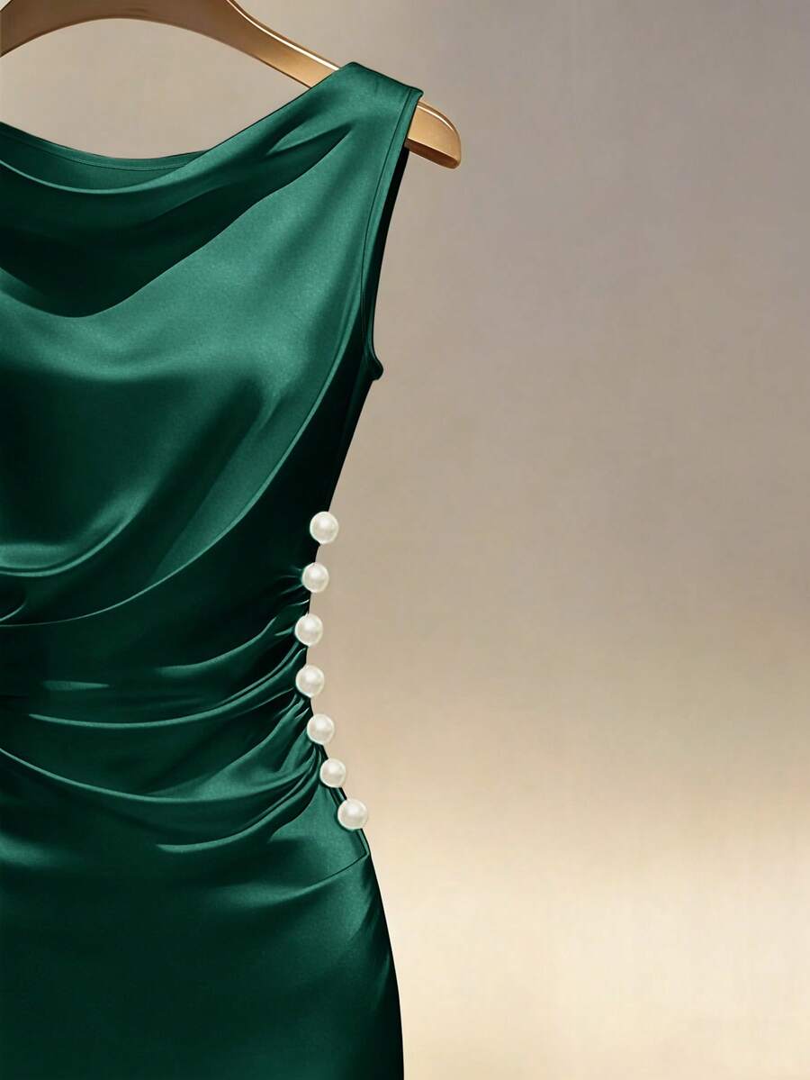 Women's Satin Cowl Neck Midi Dress, Ruched Silky Dress for Wedding Guest and Evening - Champagne