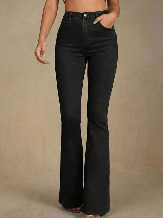 Annapolis High Waist Flare Leg Jeans with Pockets - Black