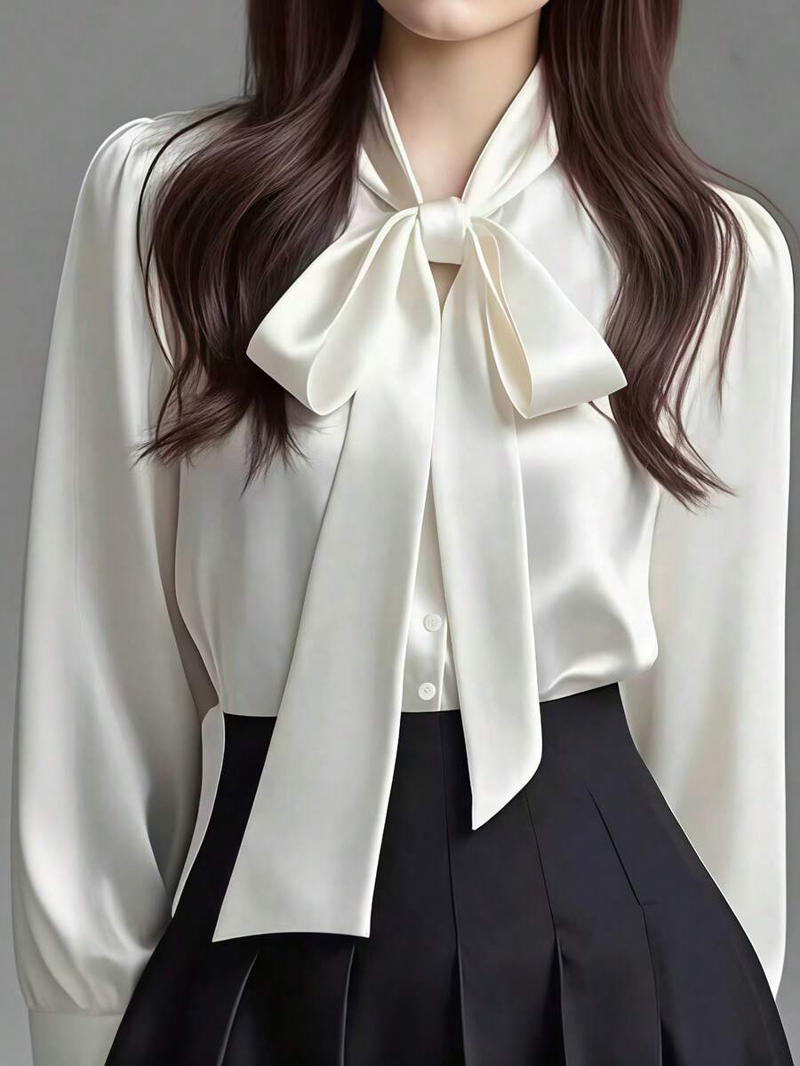 Versailles Satin Bow Tie Neck Long Sleeve Blouse - White