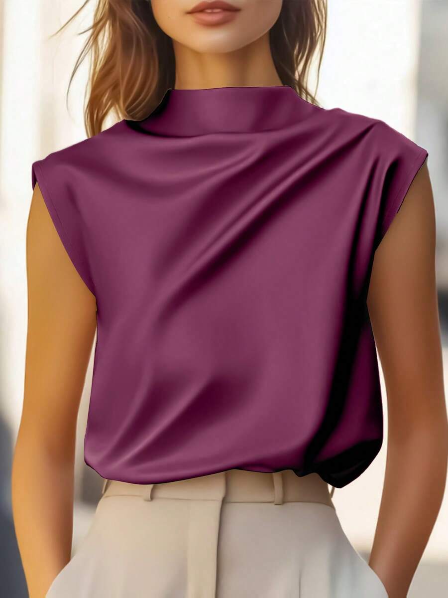 Women's Satin Cowl Neck Sleeveless Blouse, Silky Shell Top for Work and Evening - Black