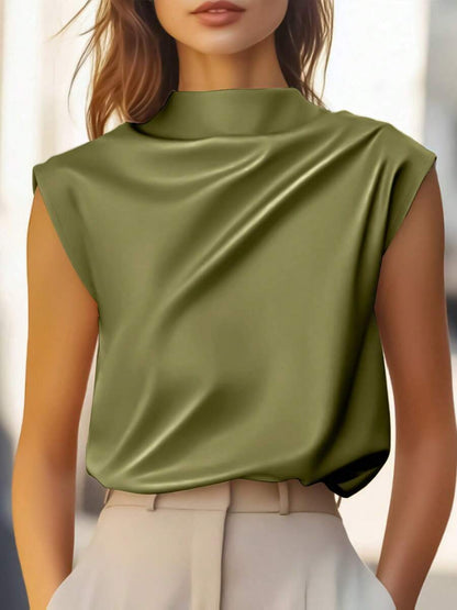 Women's Satin Cowl Neck Sleeveless Blouse, Silky Shell Top for Work and Evening - Black