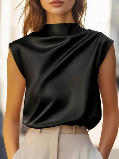 Women's Satin Cowl Neck Sleeveless Blouse, Silky Shell Top for Work and Evening - Black