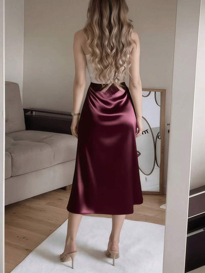 Women's Satin High Slit Midi Skirt, Silky Slip Skirt for Evening and Wedding Guest - Coffee Brown