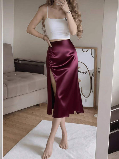 Women's Satin High Slit Midi Skirt, Silky Slip Skirt for Evening and Wedding Guest - Coffee Brown