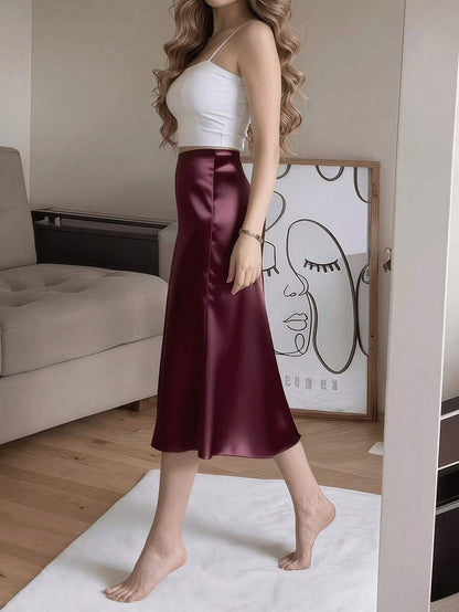 Women's Satin High Slit Midi Skirt, Silky Slip Skirt for Evening and Wedding Guest - Coffee Brown