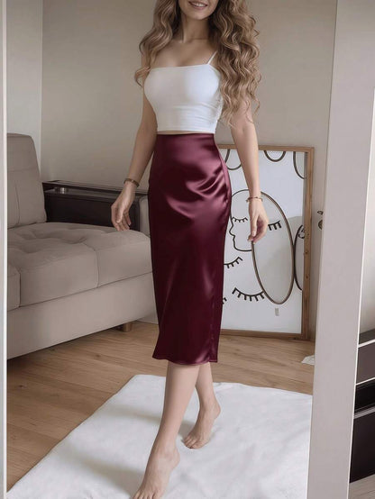 Women's Satin High Slit Midi Skirt, Silky Slip Skirt for Evening and Wedding Guest - Coffee Brown
