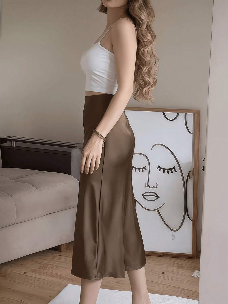 Women's Satin High Slit Midi Skirt, Silky Slip Skirt for Evening and Wedding Guest - Coffee Brown