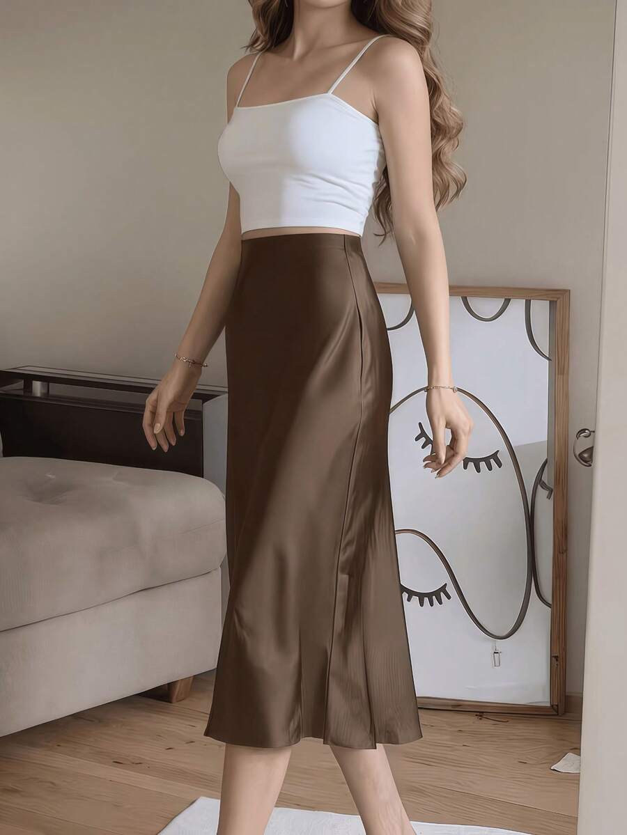 Women's Satin High Slit Midi Skirt, Silky Slip Skirt for Evening and Wedding Guest - Coffee Brown