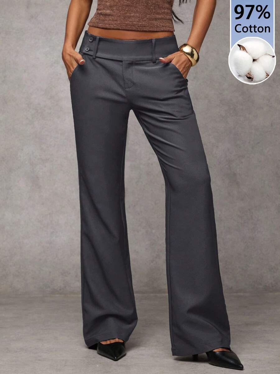 Antonia Low Rise Flare Leg Tailored Trousers with Pockets - Dark Grey