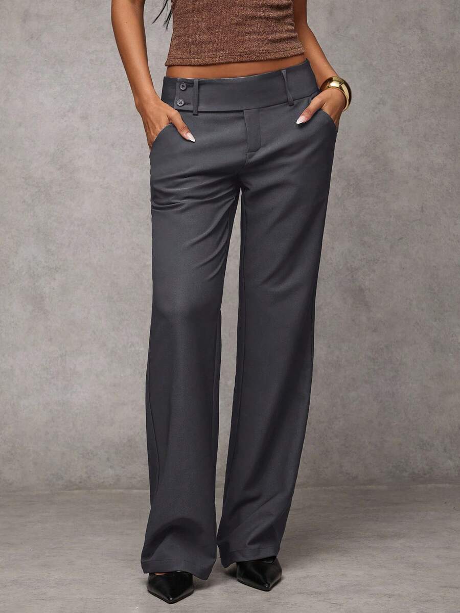 Antonia Low Rise Flare Leg Tailored Trousers with Pockets - Dark Grey
