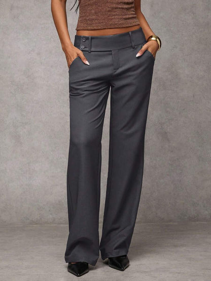 Antonia Low Rise Flare Leg Tailored Trousers with Pockets - Dark Grey