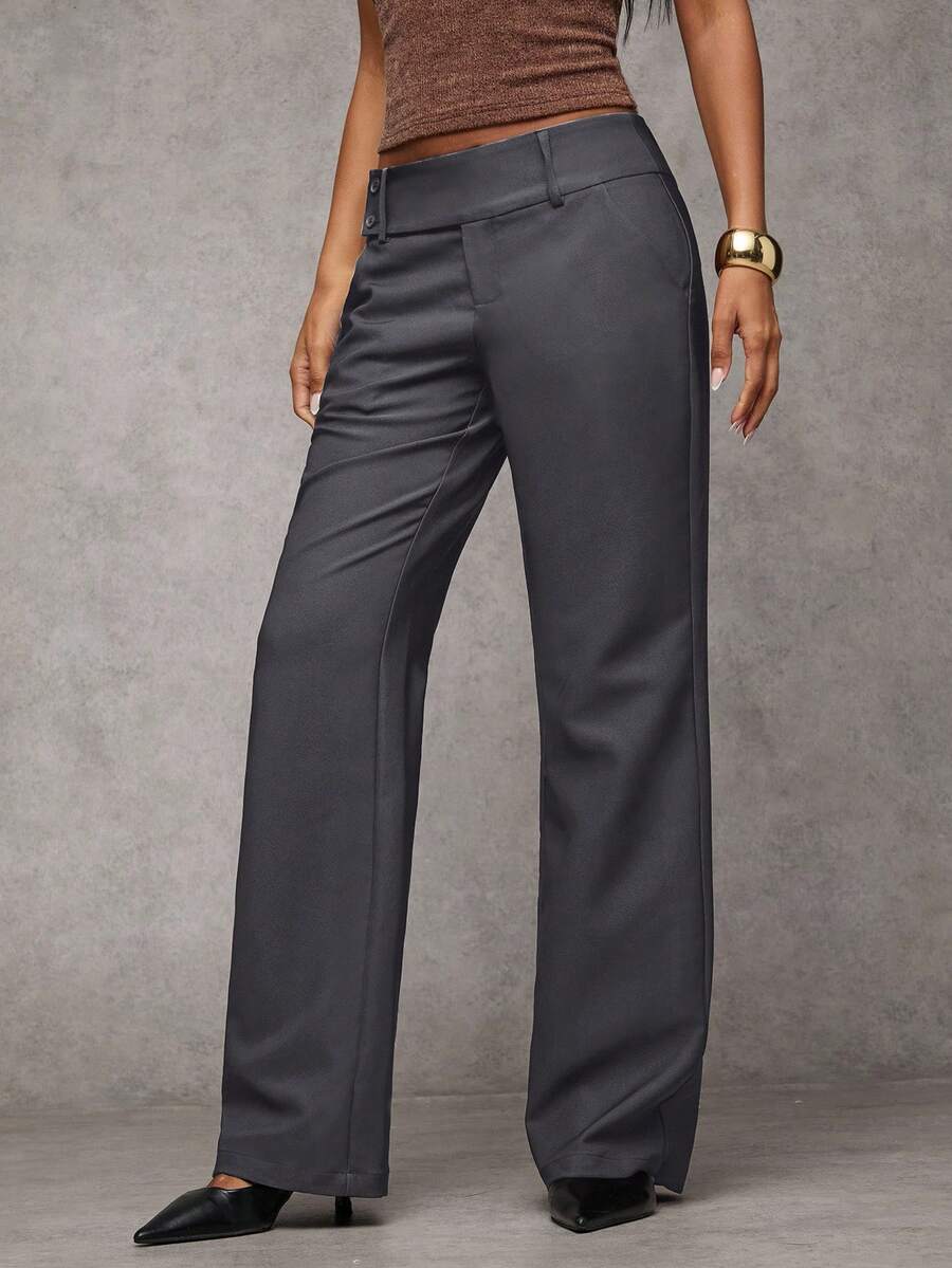 Antonia Low Rise Flare Leg Tailored Trousers with Pockets - Dark Grey