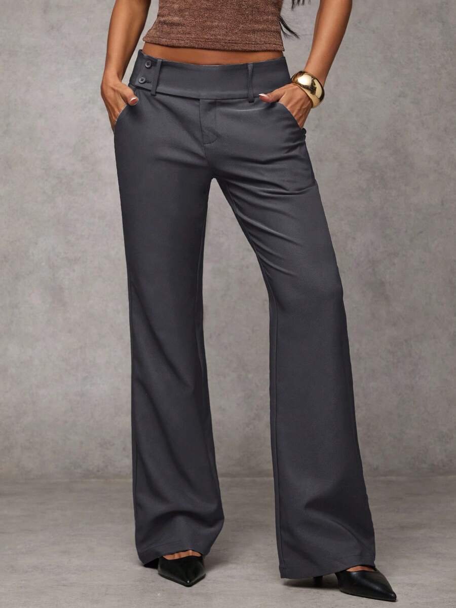 Antonia Low Rise Flare Leg Tailored Trousers with Pockets - Dark Grey