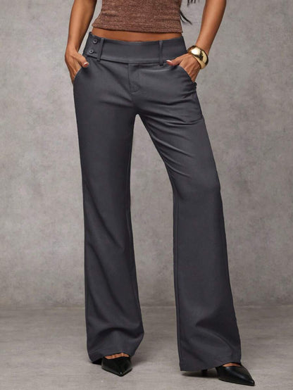 Antonia Low Rise Flare Leg Tailored Trousers with Pockets - Dark Grey