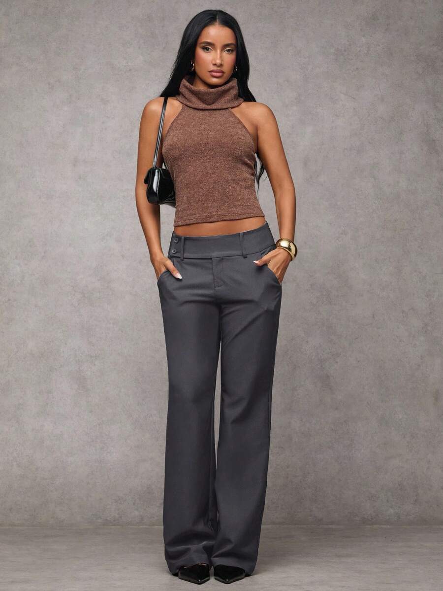 Antonia Low Rise Flare Leg Tailored Trousers with Pockets - Dark Grey