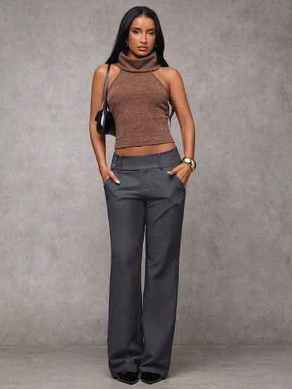 Antonia Low Rise Flare Leg Tailored Trousers with Pockets - Dark Grey