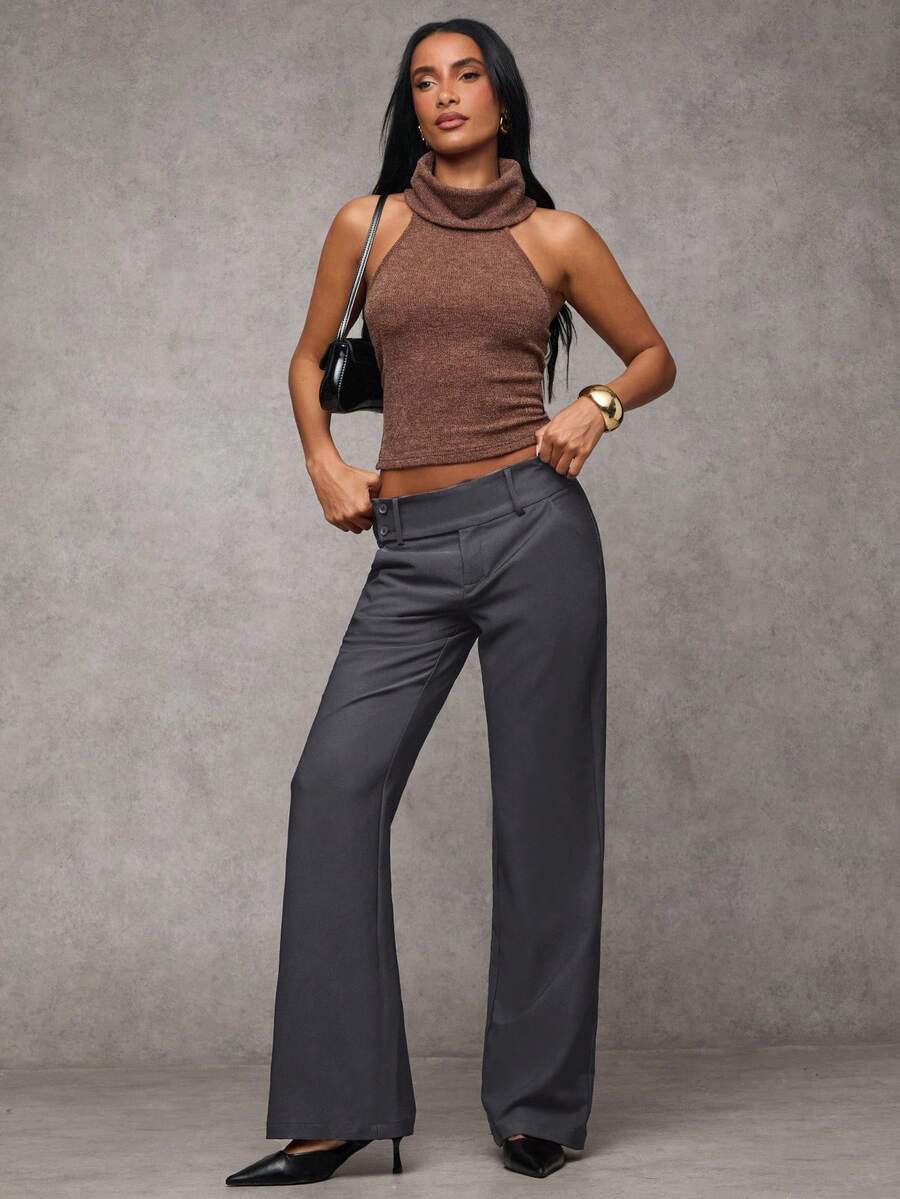 Antonia Low Rise Flare Leg Tailored Trousers with Pockets - Dark Grey