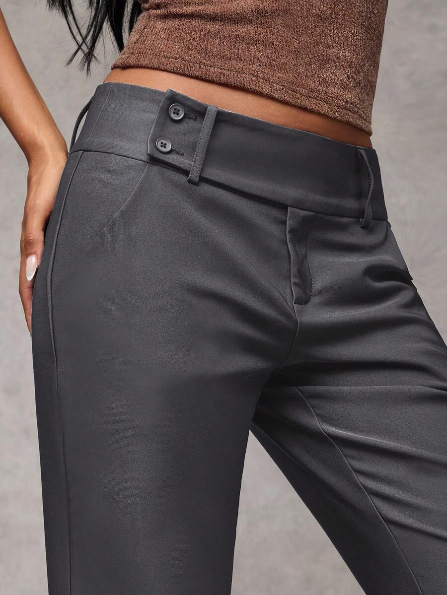 Antonia Low Rise Flare Leg Tailored Trousers with Pockets - Dark Grey
