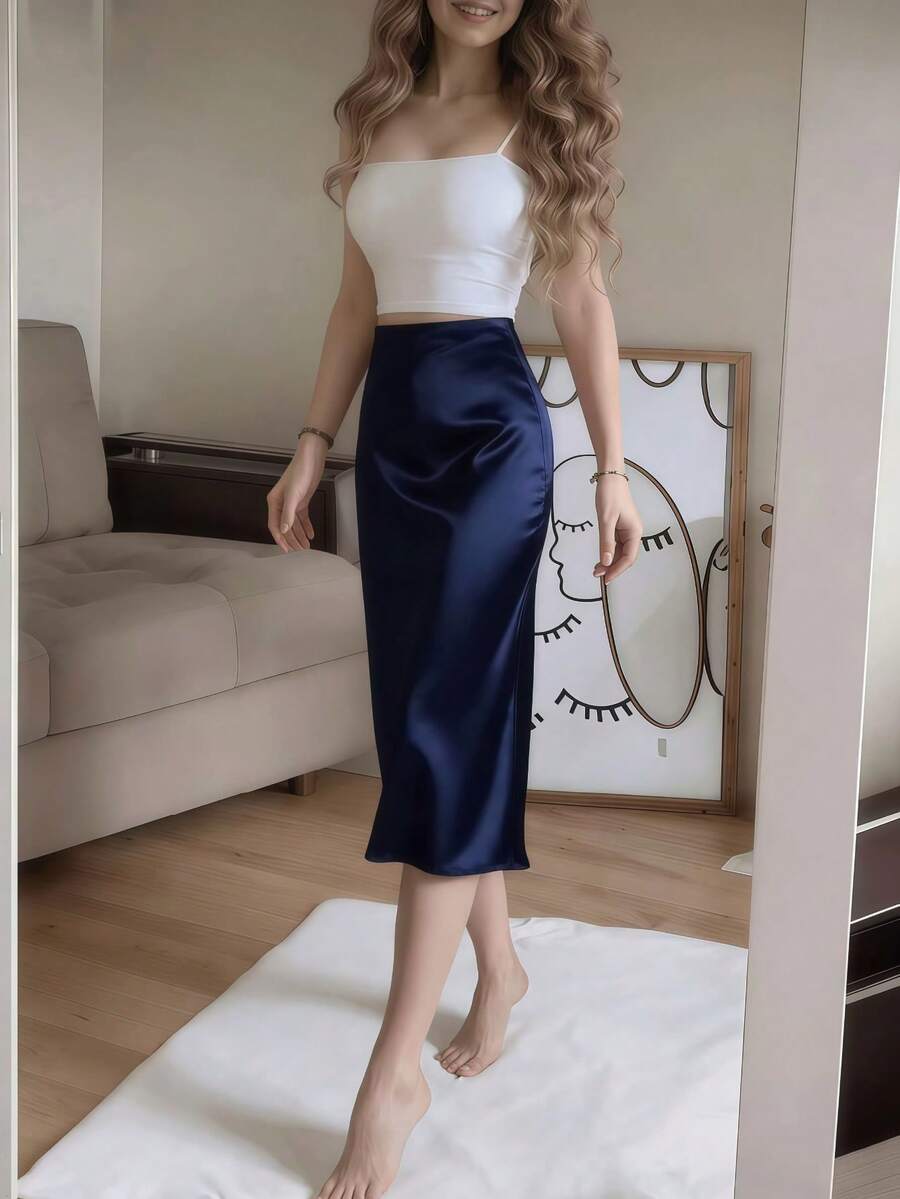 Women's Satin High Slit Midi Skirt, Silky Slip Skirt for Evening and Wedding Guest - Coffee Brown