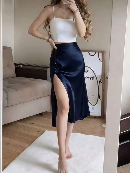 Women's Satin High Slit Midi Skirt, Silky Slip Skirt for Evening and Wedding Guest - Coffee Brown