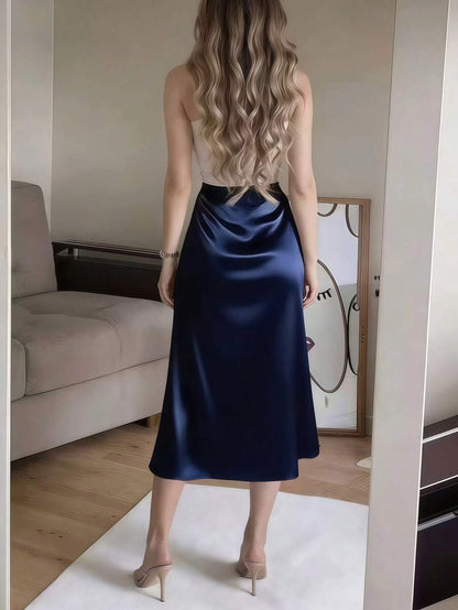 Women's Satin High Slit Midi Skirt, Silky Slip Skirt for Evening and Wedding Guest - Coffee Brown