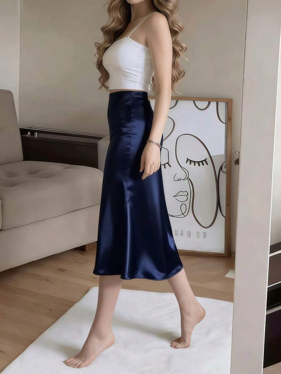 Women's Satin High Slit Midi Skirt, Silky Slip Skirt for Evening and Wedding Guest - Coffee Brown