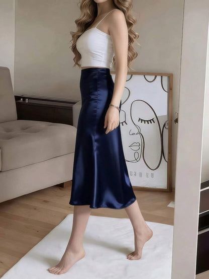 Women's Satin High Slit Midi Skirt, Silky Slip Skirt for Evening and Wedding Guest - Coffee Brown
