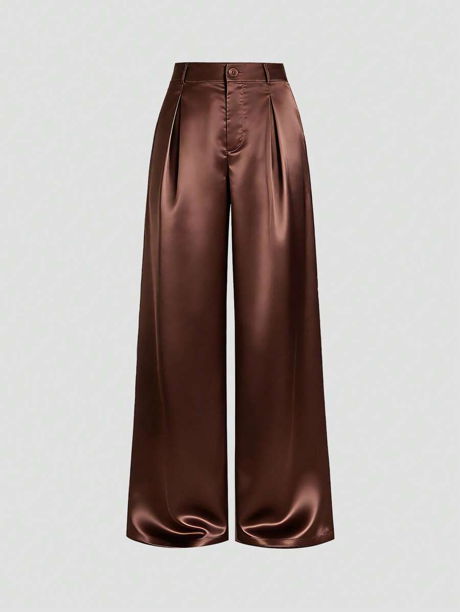 Katya Pleated Wide Leg Pants Tailored High Rise Trousers - Chocolate Brown