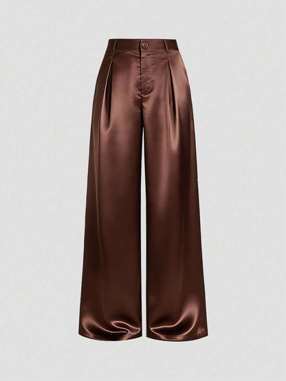 Katya Pleated Wide Leg Pants Tailored High Rise Trousers - Chocolate Brown