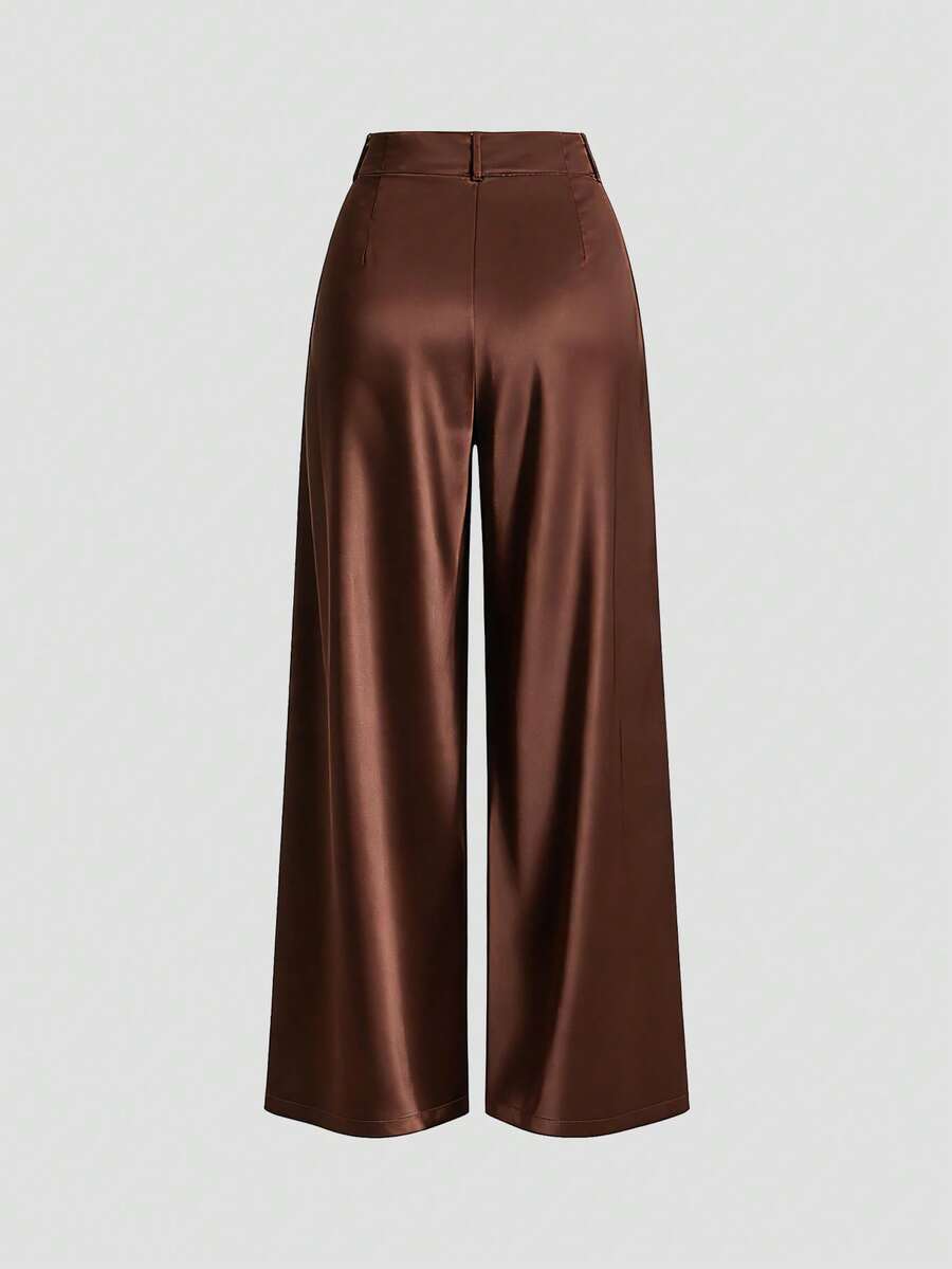 Katya Pleated Wide Leg Pants Tailored High Rise Trousers - Chocolate Brown
