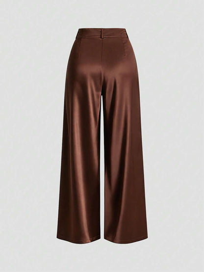 Katya Pleated Wide Leg Pants Tailored High Rise Trousers - Chocolate Brown