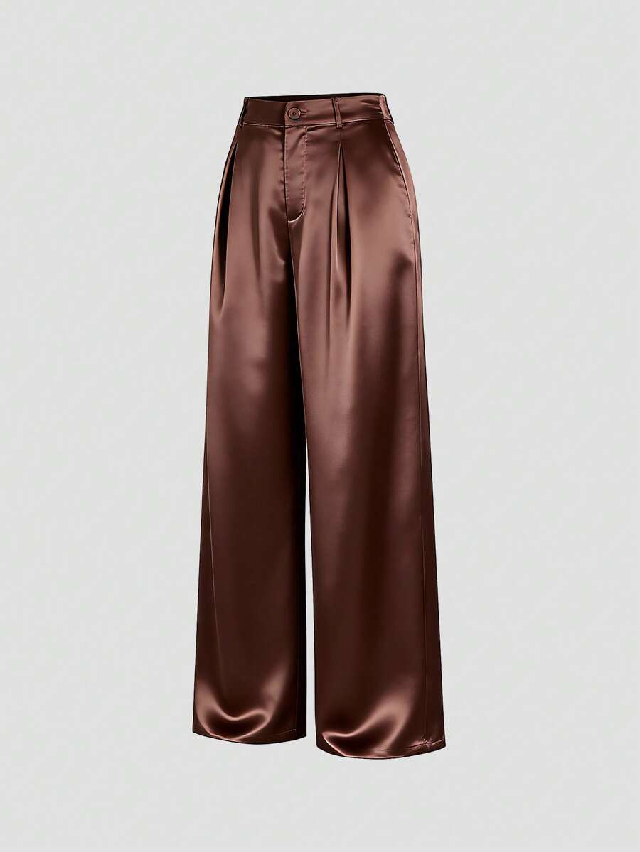 Katya Pleated Wide Leg Pants Tailored High Rise Trousers - Chocolate Brown