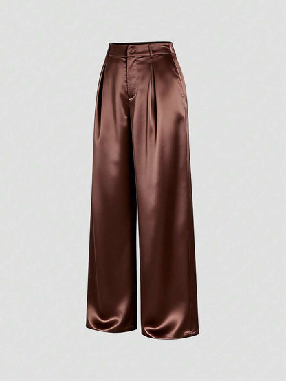 Katya Pleated Wide Leg Pants Tailored High Rise Trousers - Chocolate Brown