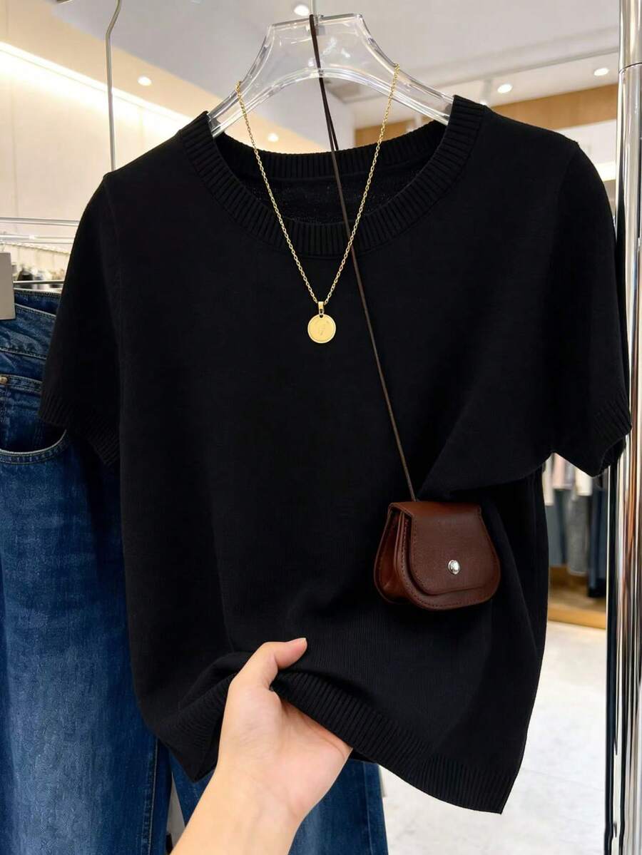Women's Fine Knit Short Sleeve Top, Crew Neck Sweater Tee for Work and Layering - Black