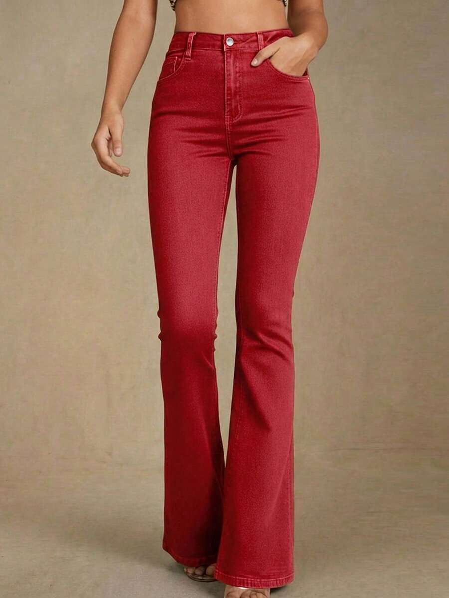 Annapolis High Waist Flare Leg Jeans with Pockets - Red