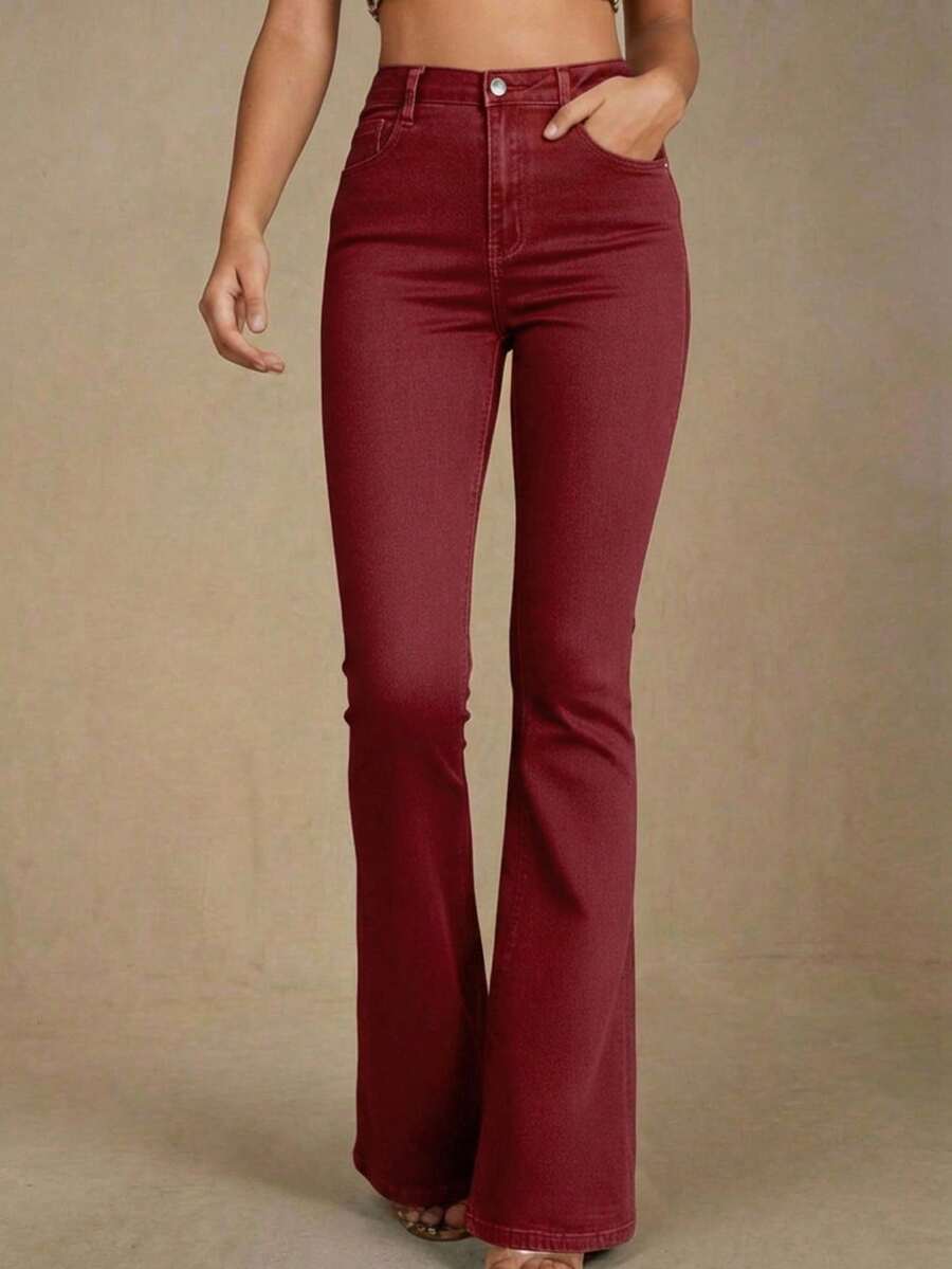 Annapolis High Waist Flare Leg Jeans with Pockets - Burgundy