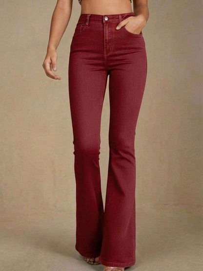 Annapolis High Waist Flare Leg Jeans with Pockets - Burgundy