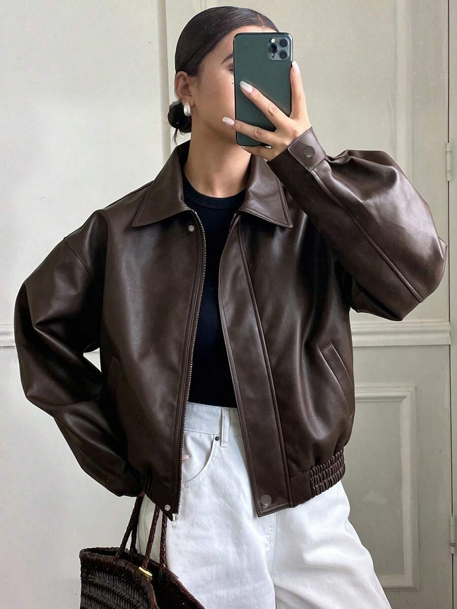 Brielle Thickened PU Faux Leather Loose Outerwear Jacket - Brown
