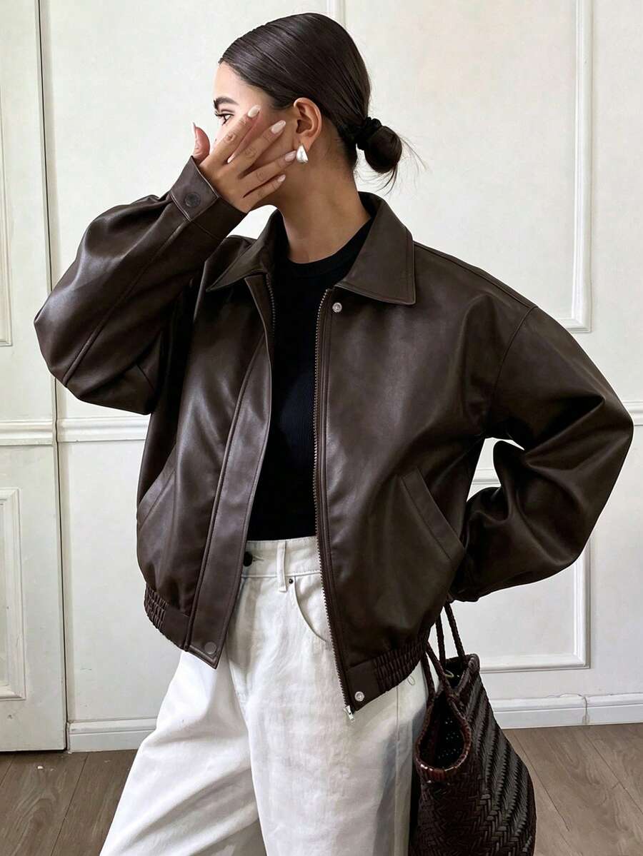 Brielle Thickened PU Faux Leather Loose Outerwear Jacket - Brown