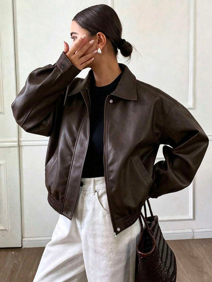 Brielle Thickened PU Faux Leather Loose Outerwear Jacket - Brown
