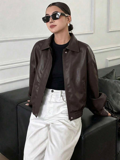 Brielle Thickened PU Faux Leather Loose Outerwear Jacket - Brown
