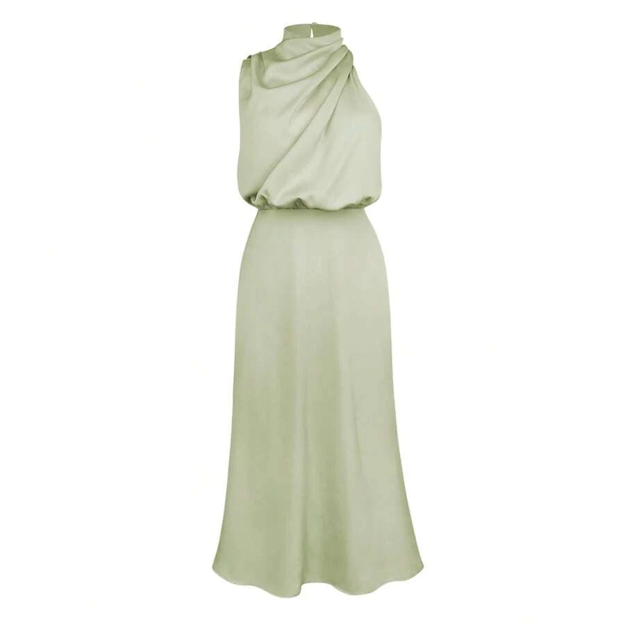 Women's Satin Cowl Neck Halter Midi Dress, Lined Silky Dress for Wedding Guest and Evening - Black