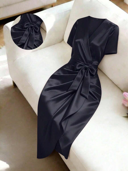 Women's Satin Wrap V-Neck Midi Dress, Silky Dress for Wedding Guest and Evening - Burgundy