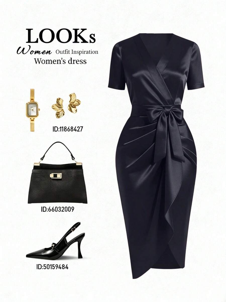 Women's Satin Wrap V-Neck Midi Dress, Silky Dress for Wedding Guest and Evening - Burgundy